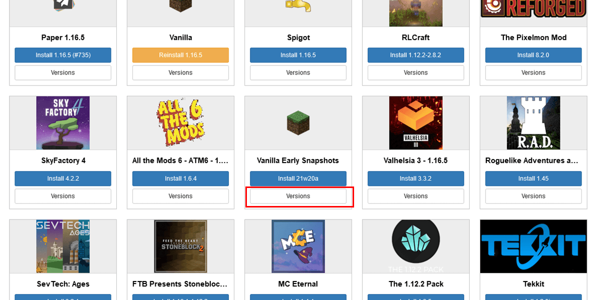 Click on version under Minecraft Snapshots